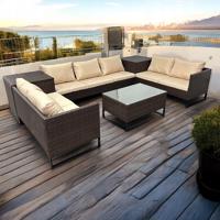 Barna rattan garnitúra U alakú asztallal SFS063 - bézs színű párnákkal