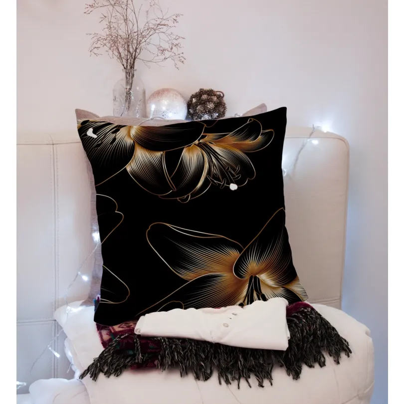 Dekoratív párnahuzat fekete színben, finom virágmintával szélessé 50 cm | hosszúsá 60 cm