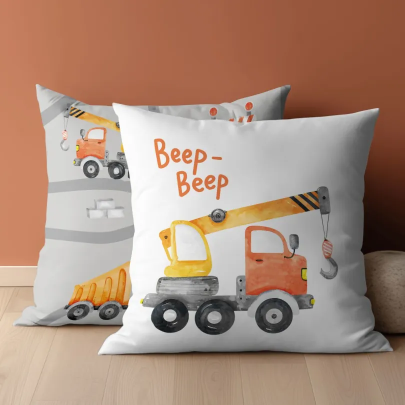 Gyermek pamut párnahuzat építőgépekkel - kétoldalas szélessé 40 cm | hosszúsá 40 cm