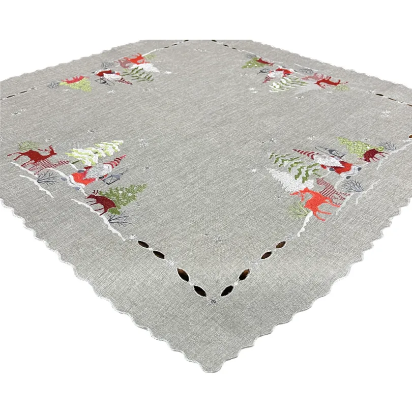 Karácsonyi négyzet alakú szürke asztalterítő hímzett manóval és rénszarvassal Szélessé 85 cm | Hosszúsá 85 cm