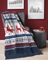 Karácsonyi takaró kék szarvas motívummal, rojtokkal Szélessé 150 cm | Hossz: 200 cm