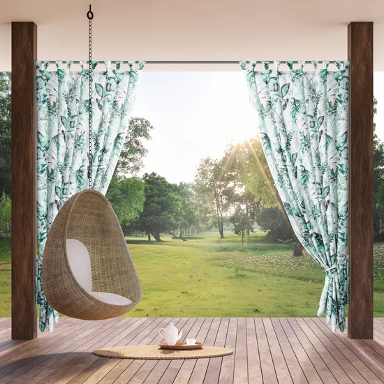 Kültéri vízálló függöny pavilonhoz - fehér, zöld levél motívummal Szélessé 155 cm | Hossz: 260 cm