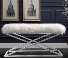 Luxus kárpitozott pad műszőrme borítással és krómozott vázzal - elegáns skandináv stílusban
