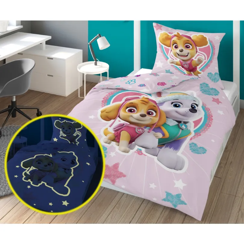 Pamut lepedő világít a sötétben - PAW PATROL rózsaszín 2 rész: 1 db 140x200 + 1 db 70x80